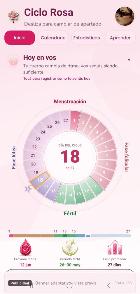Pantalla de inicio de Ciclo Rosa con la rueda del ciclo