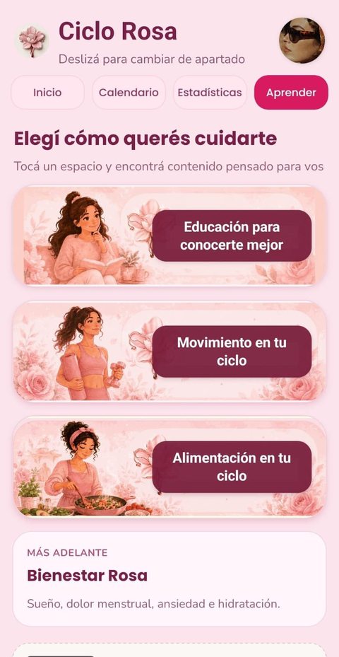 Sección educativa de la app